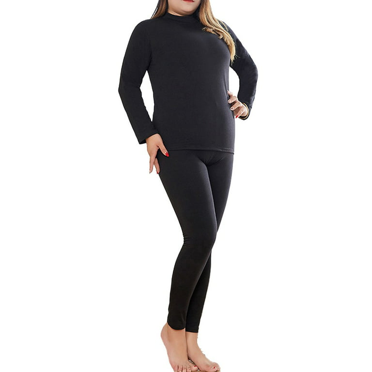 ALSLIAO Plus Size Women Thermal Underwear Set Middle High Neck Long Sleeve  Top Pants Black 4XL 