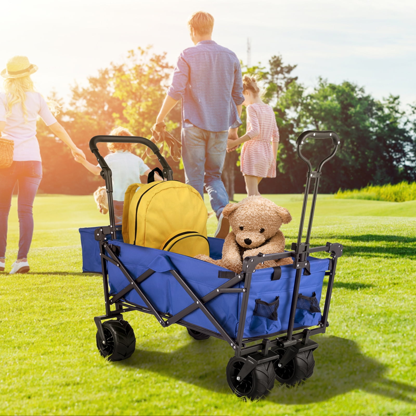 KFFKFF Collapsible Wagon Cart with Removable Canopy, Portable Folding Utility Garden Cart 600D Oxford Cloth Foldable Beach Wagon Cart w/ Oversized Wheels, Adjustable Handles, Rear Storage (Blue)