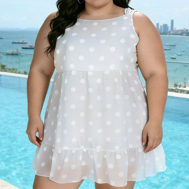 HongQid Robes d'Été Sans Manches pour Femmes Décontractées Tunique à Volants à Pois en Mousseline Robe Courte