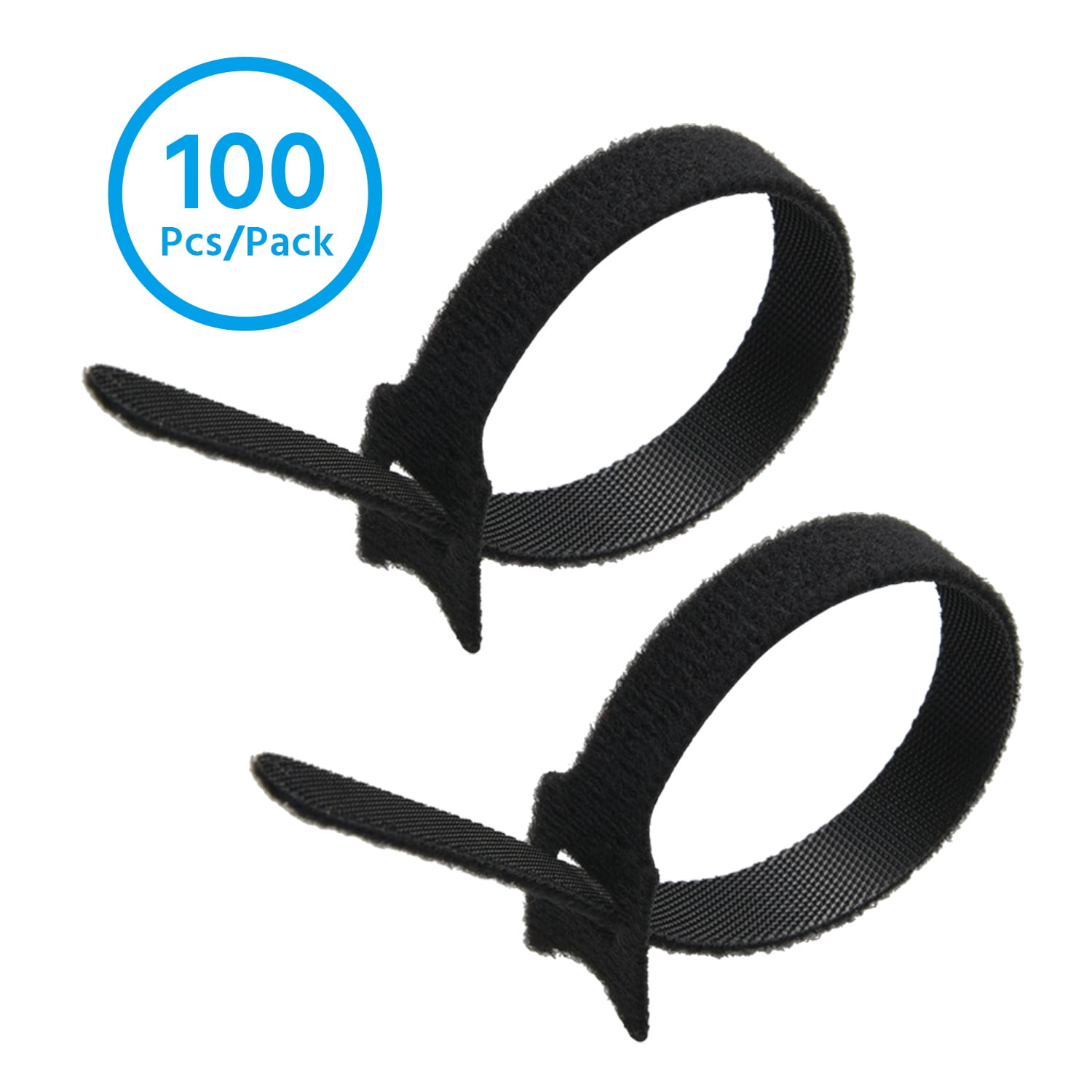 8" Hook and Loop Wrap Strap 1/2" Width Black, (100 Pack)