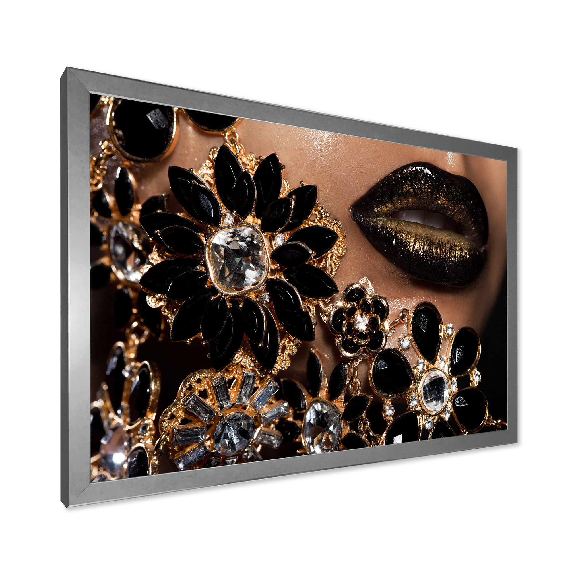 Designart 'Woman Lips With Golden Jewelry' Modern Framed Art Print