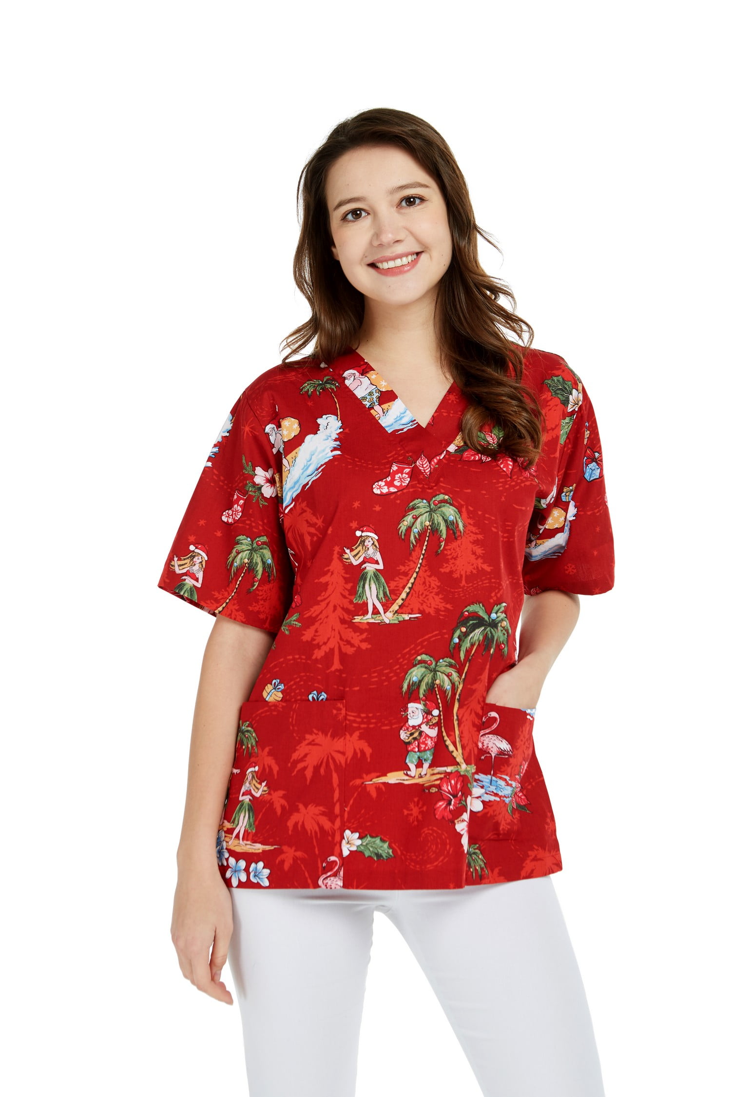 Hawaii Hangover Hawaiian Print Cotton 2 Pockets Scrub Top in