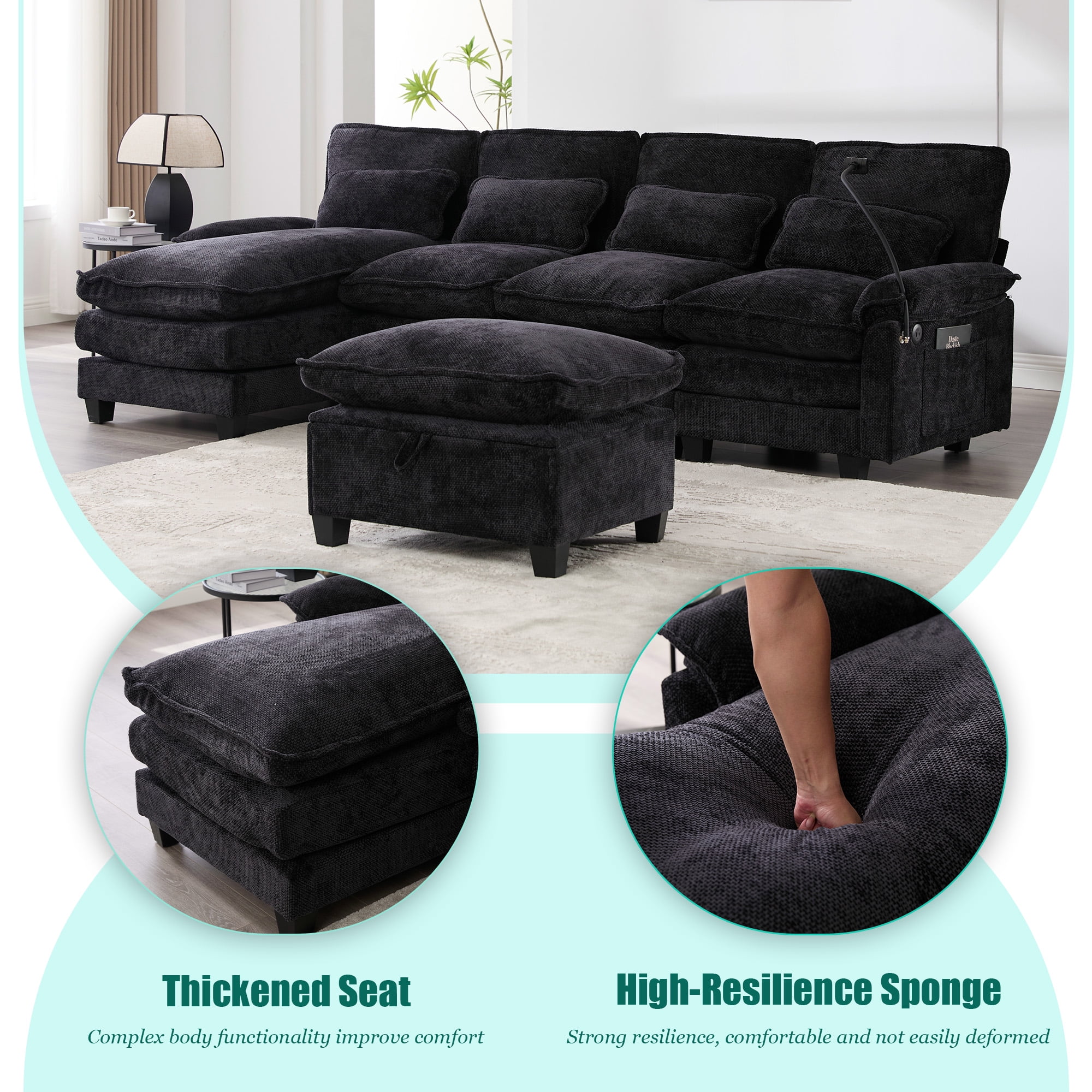 MOONMIS 106" U Shape Sectional Sofa Cloud Couch for Living Room, Upholstery Comfy Modular Sofas, 4 Seat Chenille U-Shaped Sleeper Sofa with Chaise Lounge, Ottoman & Pillows