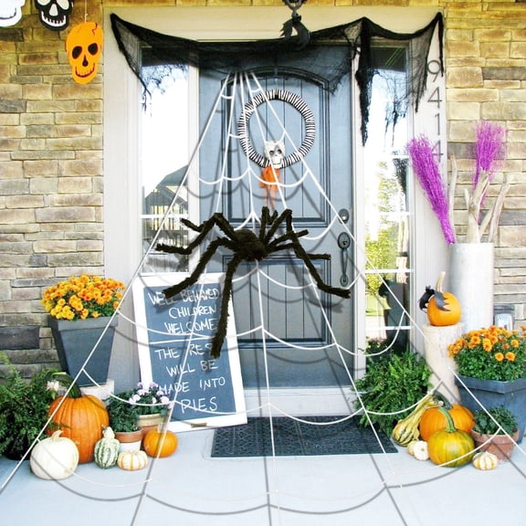 Halloween Decorations Halloween Giant Spider Webs Decorations, Large Outdoor Yard Decor Scary 30" Small Fake Spiders, 275" Triangular Spiderweb for Lawn Indoor Home Décor