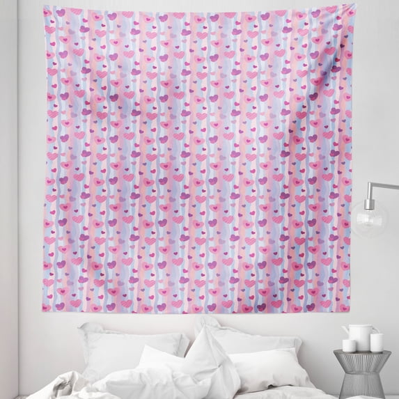 Purple Tapestry, Valentines Day Hearts with Verical Abstract Stipes Vintage Sentimental Composition, Fabric Wall Hanging Decor for Bedroom Living Room Dorm, 5 Sizes, Multicolor, by Ambesonne