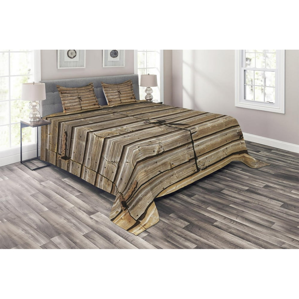Rustic Coverlet Set King Size, Old Wooden Aged Barn Door with Padlock