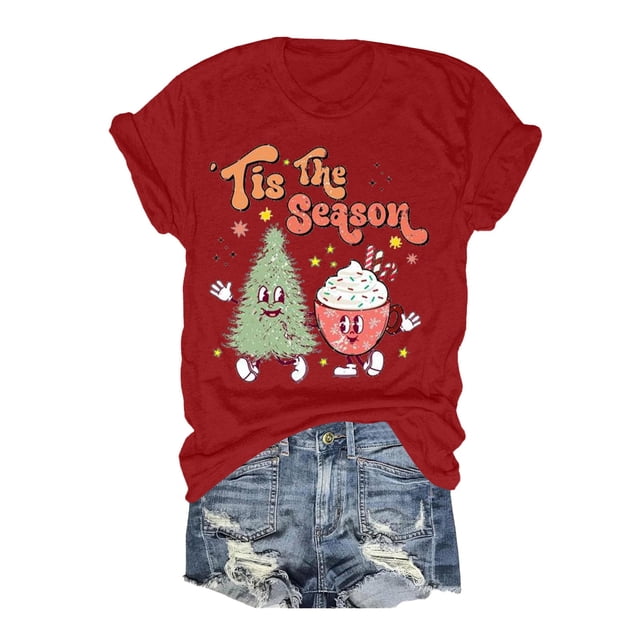 TSADFHJI T-Shirts pour Femmes Tendance 2024 Coton T-Shirt Décontracté Col Rond / Manches Courtes pour Confort & Style TTG Rouge