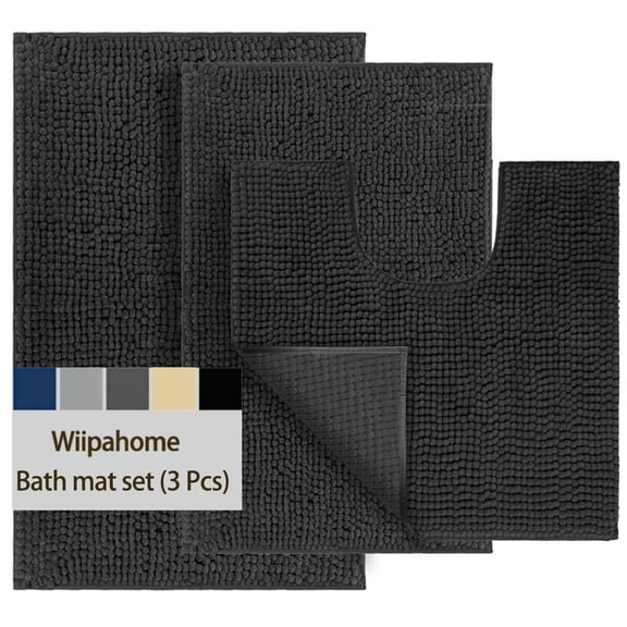 3 Pieces Bath Mat Set, Soft Chenille Bathroom Rugs Mat, Absorbent Spa Shaggy Bath Rugs Set, Machine Washable & Non Slip Bath Mats for Bathroom, Tub, Shower(Black)