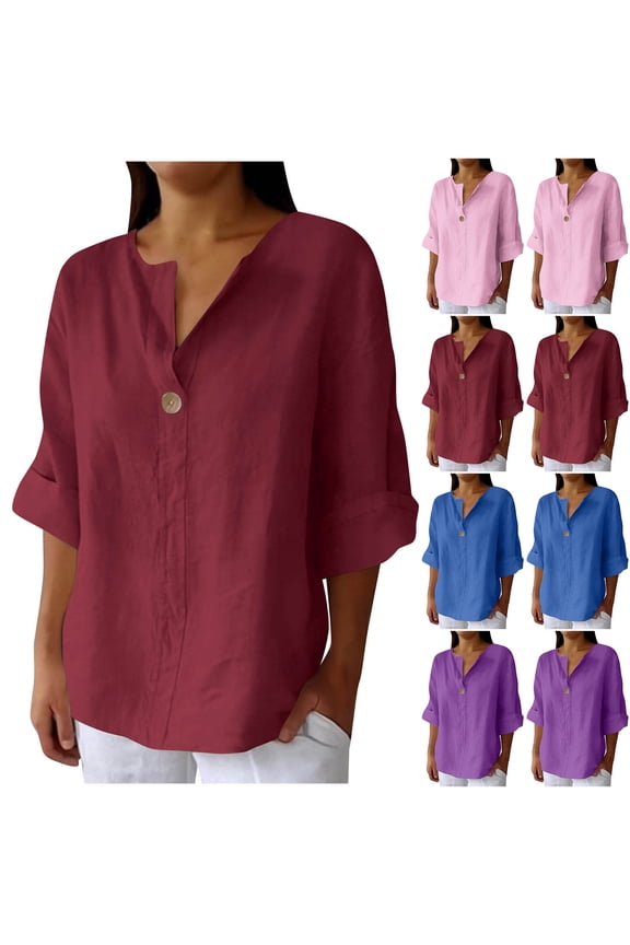 Womens Shirts Short Sleeve Soild Color Linen V Neck Tops Casual Collared Blouses Loose Spring Summer Beach Tops