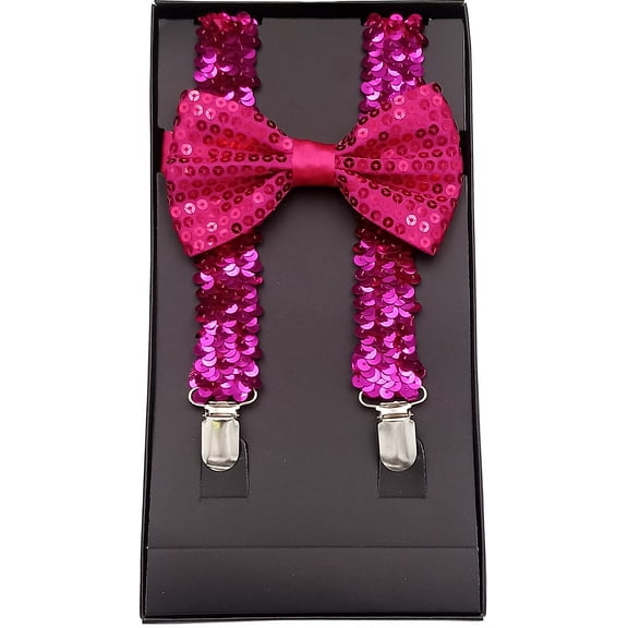 Adult Unisex PURPLE SEQUINS Sequined Suspenders and Bow tie Set Adjustable BOXED GIFT SET