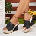 thumbnail image 4 of Women's Denim Platform Slide Sandals with Double Buckles Comfortable Open Toe Chunky Wedge High Heels Slip on Summer Slides for Vacation Beach (6.5,Black), 4 of 6