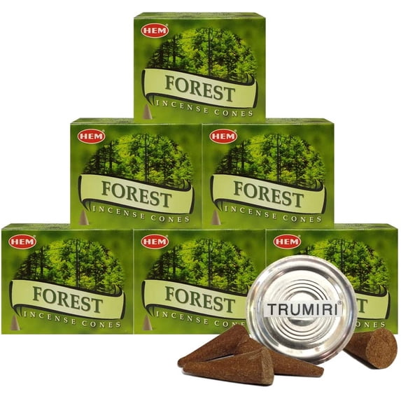 TRUMIRI Incense Cone Holder Bundle with Hem Forest Incense Cones - Pack of 6 (Approx 60 Cones)