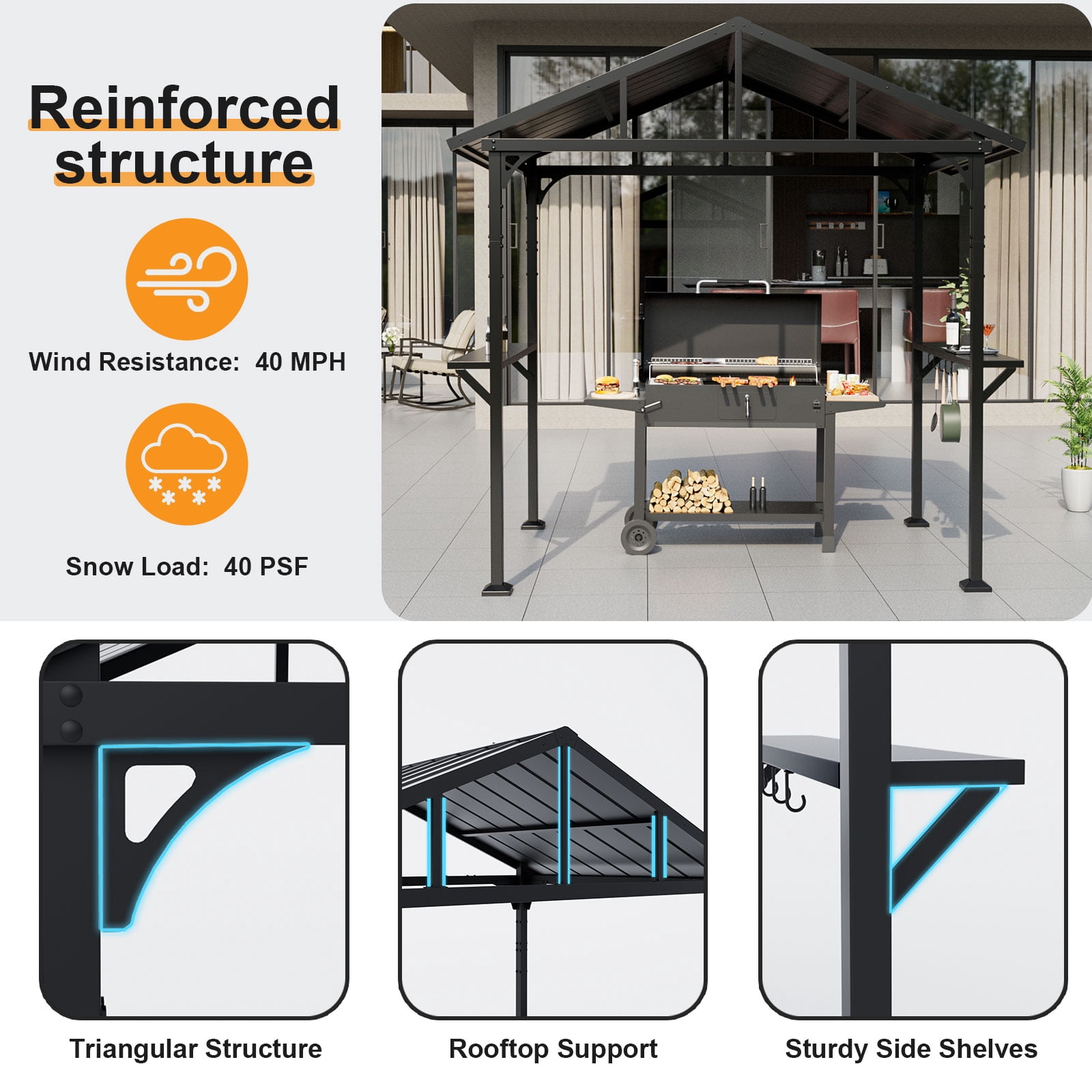 ALAULM 8'x 5' Hardtop Grill Gazebo, Outdoor BBQ Metal Roof Canopy with 2 Metal Side Shelves & 5 Tool Hooks for Patio, Garden, Backyard, Poolside (Black)
