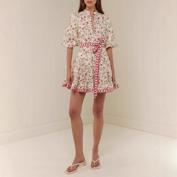 Women’s Floral Print Shirt Dress Short Sleeve Button Front Tie Waist Casual Mini Dress