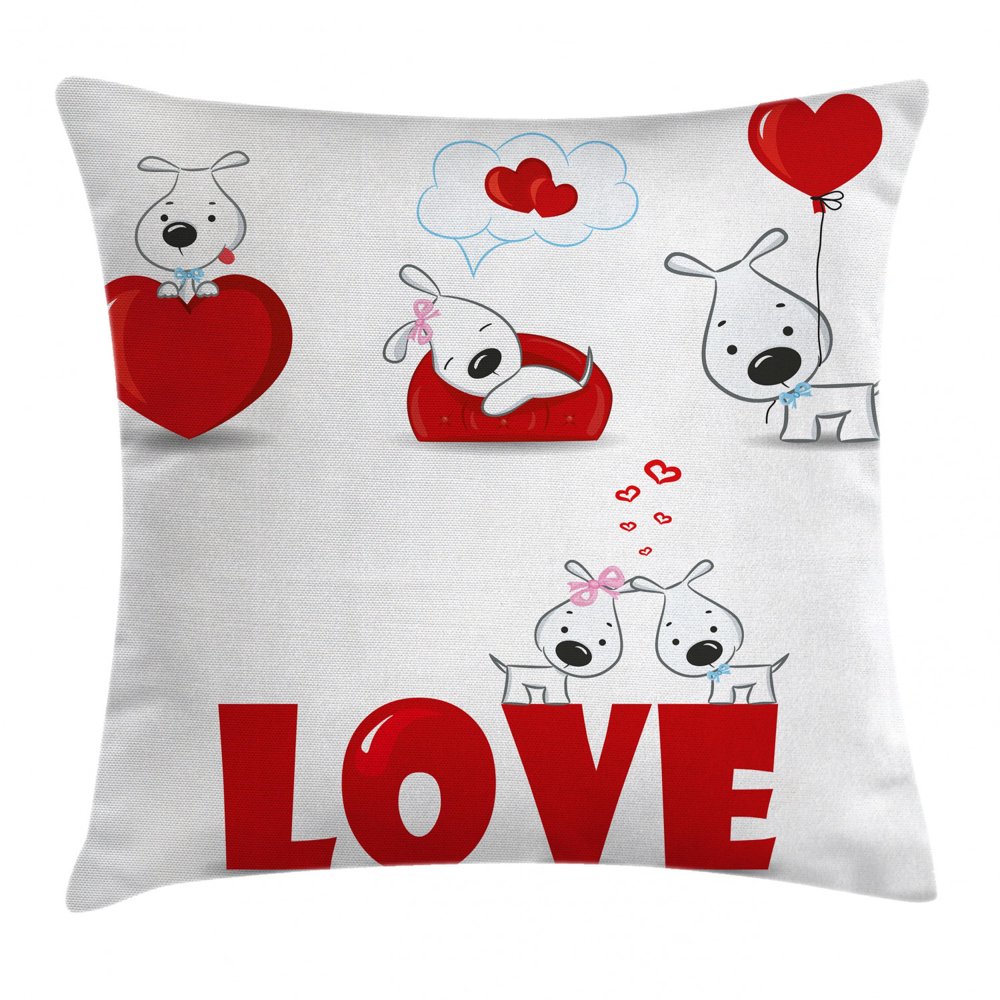 Valentines Day Throw Pillow Cushion Cover, Puppy Love with Hearts and
