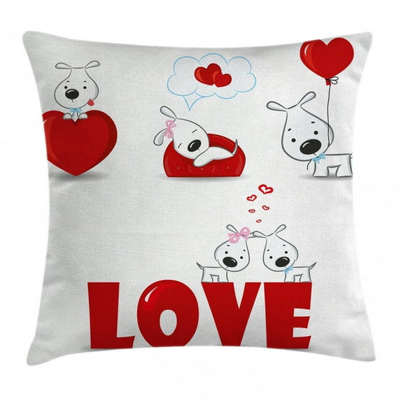 Valentines Day Throw Pillow Cushion Cover, Puppy Love with Hearts and Dogs His and Hers Heart Balloon Romantic Print, Decorative Square Accent Pillow Case, 18 X 18 Inches, Red White, by Ambesonne