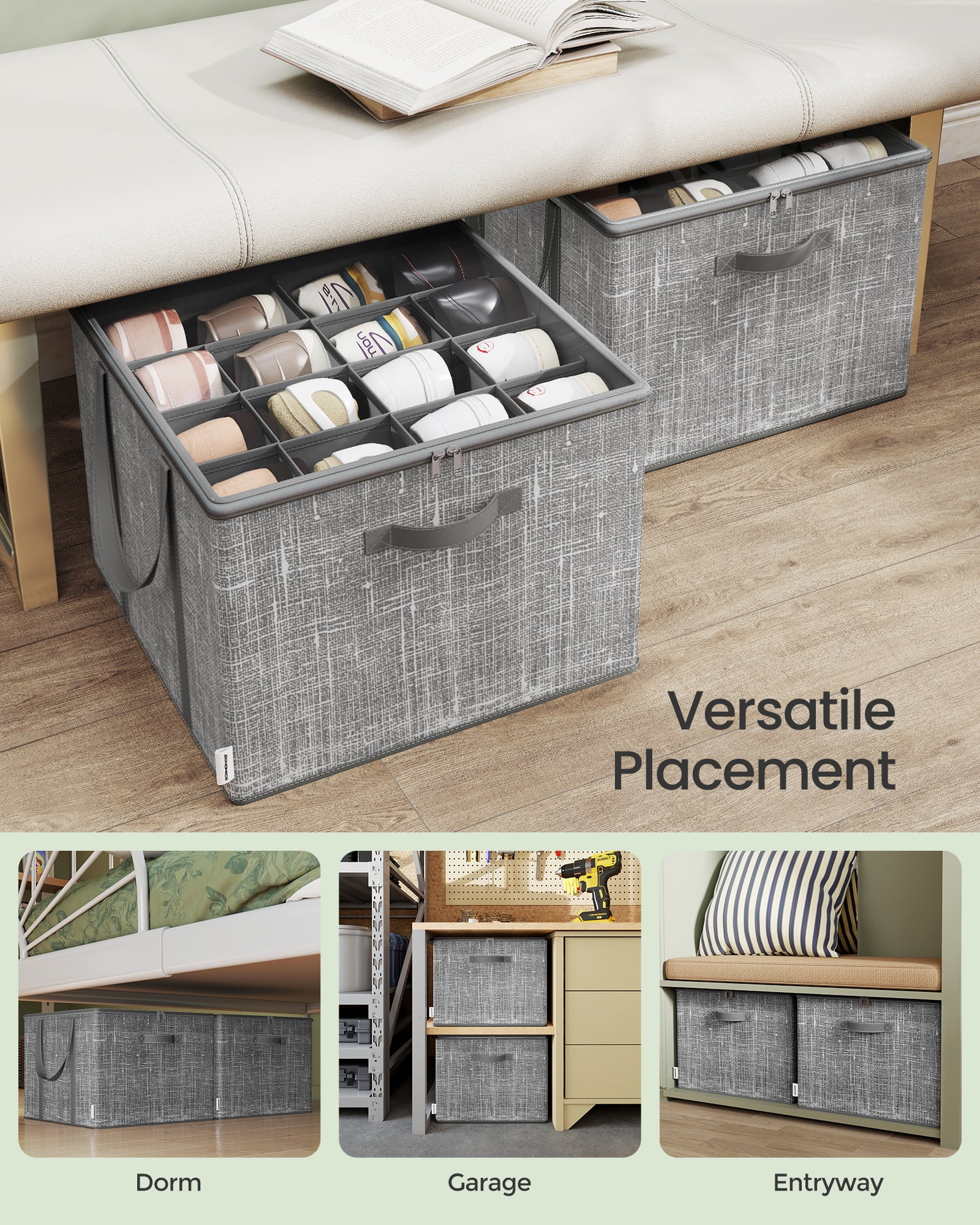 Set of 2 Shoe Storage Organizers - 16-Pair Capacity Each, Clear PVC Lid & Reinforced Handles, Foldable Fabric Bins for Closet, Cattail Gray