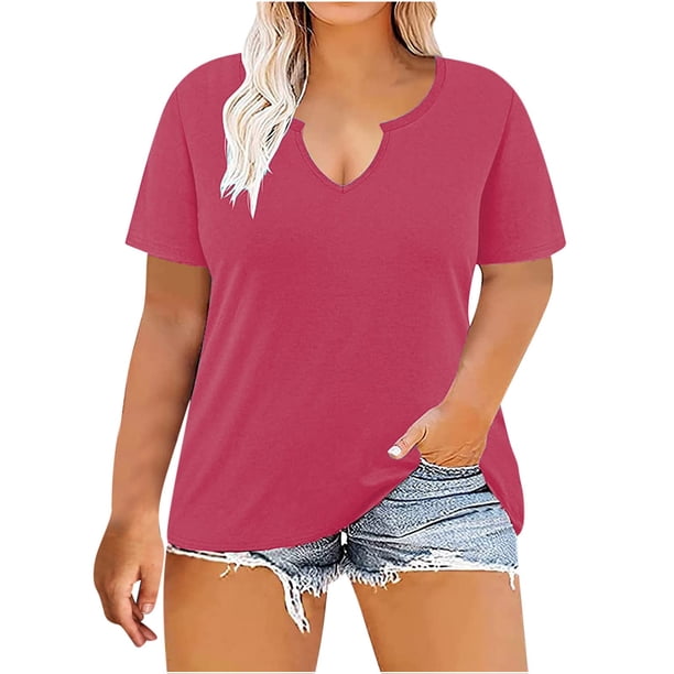 Plus Size Tops for Women Summer Casual Solid Color Notch V Neck Short Sleeve Oversized T Shirts