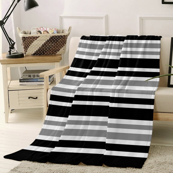 Flannel Fleece Throw Blanket, Classic Gray Black Striped Soft Warm Fuzzy Cozy Blanket for Couch Bed Sofa Office, Minimalist Lines 40x50in