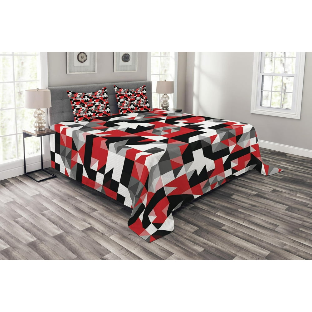 Red and Black Bedspread Set Queen Size, Abstract Geometric Half Triangles Squares Maze Inspired