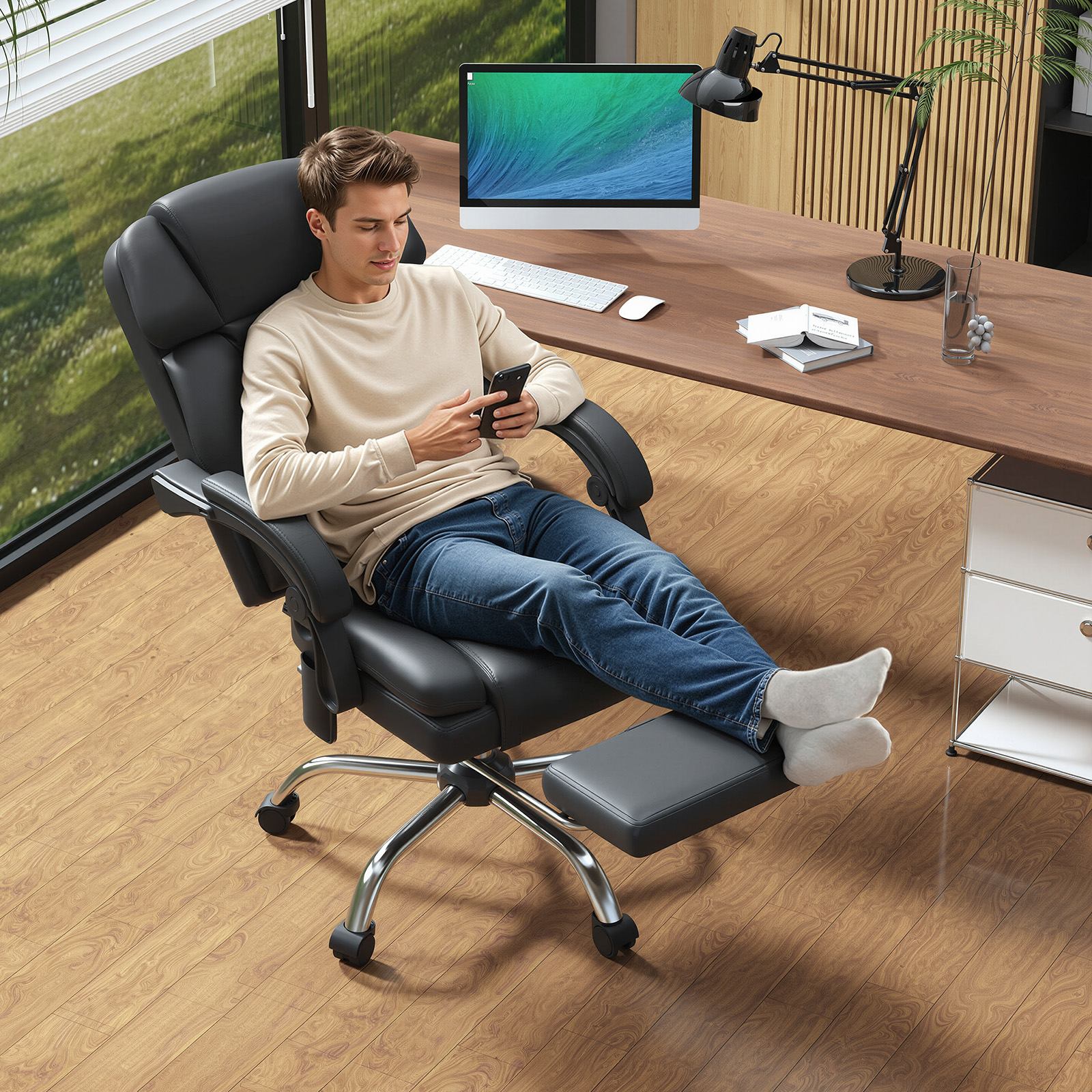 6-Point Massage Office Chair with Heat, Ergonomic Reclining Desk Chair with Footrest, PU Leather Executive Chairs for Home Office, Massaging Computer Chair Gift for Men, Black