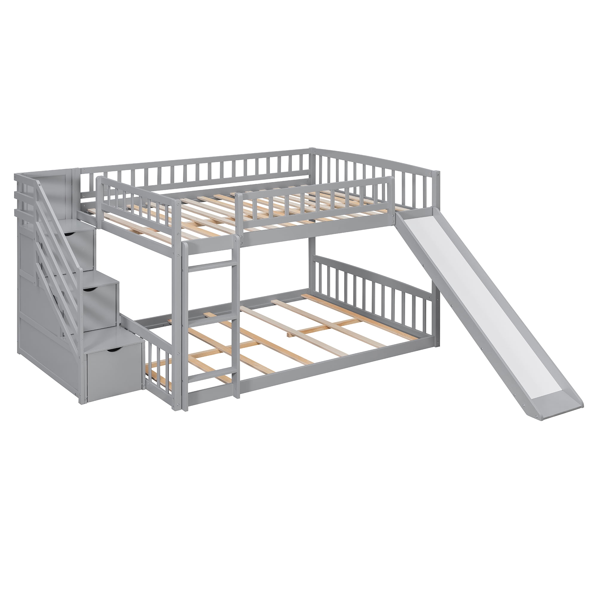 Mintazer Full Over Full Bunk Bed with Storage Staircase & Convertible Slide, Kids Bunk Bed Frame with Guardrails & Ladder, No Box Spring Needed, Gray