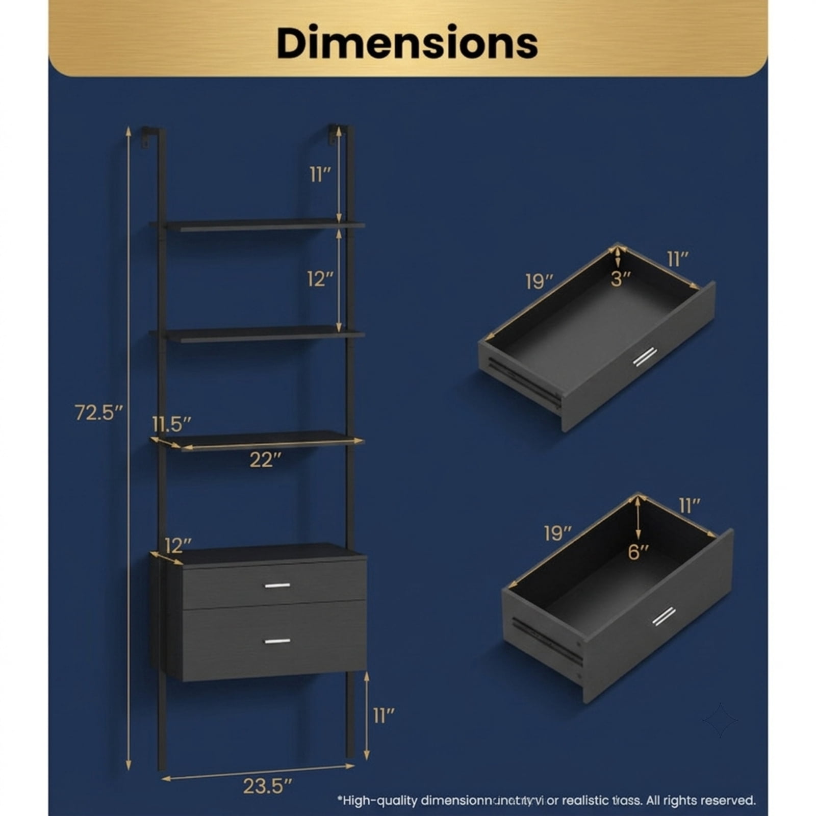 Furnibear 6-Tier Ladder Bookcase with 2 Drawers and Metal Frame for Living Room Home Office Bedroom Display Storage Shelf, Black