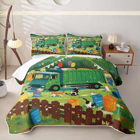 Castle Fairy Cartoon Garbage Truck Twin Quilt Set,Playful Cat Party Twin Coverlet Set for Bedroom,Green Blue Orange