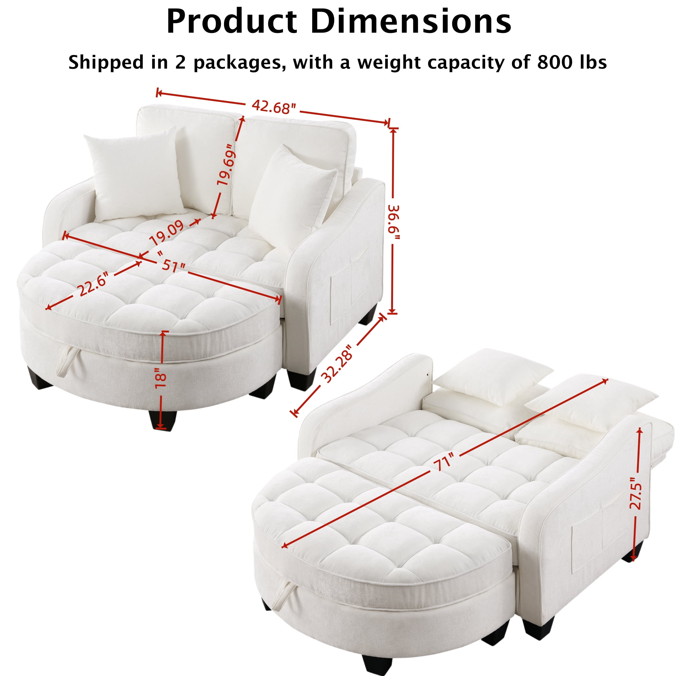 ShiKeyi 2 Seater Sofa with Double Chaise Lounge and Storage Ottoman, Adjustable Backrest Chenille Couch with Side Pockets and 2 Pillows, Beige