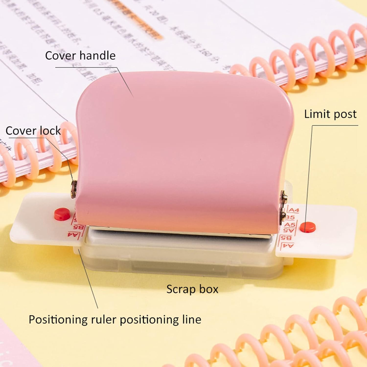 ABCISI 6 Hole Punch, Loose Leaf Paper Puncher for A4/A5/B5 Size, Portable Handheld Metal Circle Punch Paper Puncher, 5 Sheet Capacity, Pink