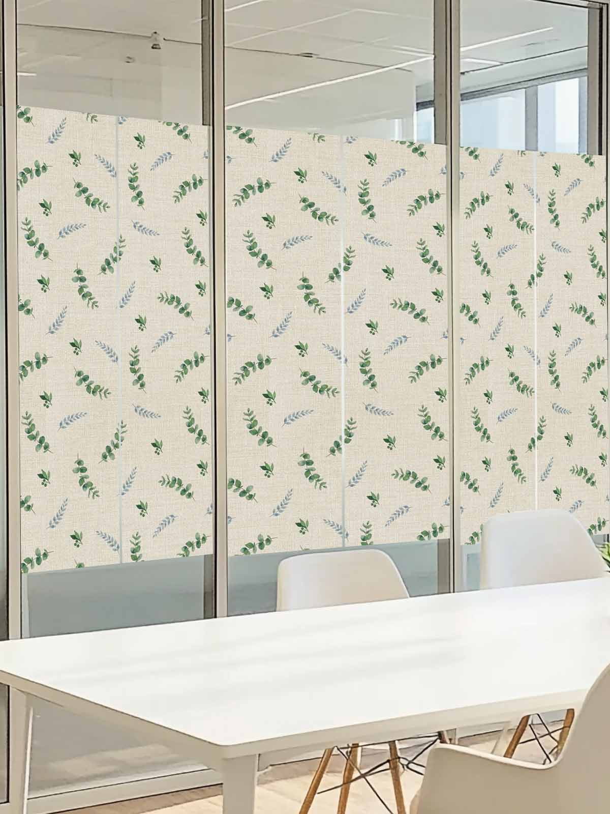 Summer Botanical Window Privacy Film, Watercolor Eucalyptus Leaves Rustic Linen Texture Frosted Glass Window Clings Static Cling UV Heat Blocking Reusable Door Sticker for Bathroom 23.6 x 59 Inch