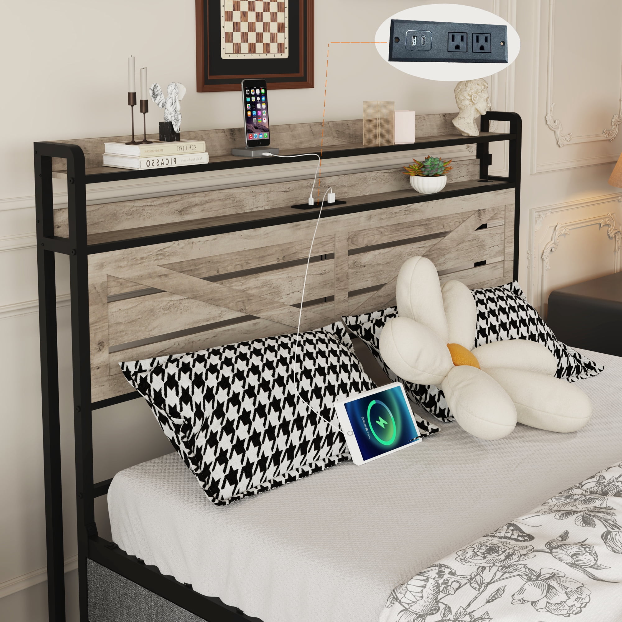 Leumius Full Size Bed Frame with 12 Drawers and LED Lights,Metal Platform Bed with Stroage Shlef,Gray