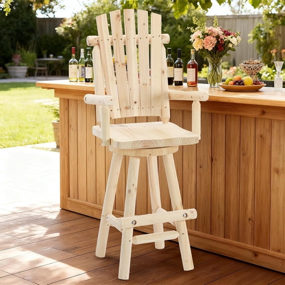 EPICOZY Wood Adirondack Swivel Bar Chair, Rustic Outdoor Solid Log Bar Stool with High Back, 500 LBS Capacity, 29.9" Patio Counter Height Chair for Porch, Deck, Pub, Cabin, Natural