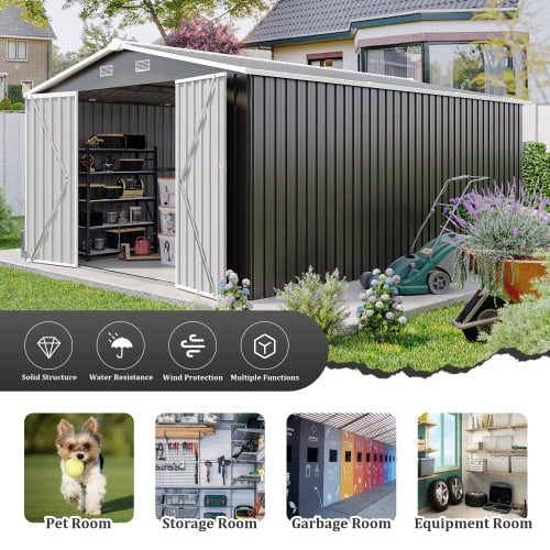 Villeston Outdoor Storage Shed 10×14 FT with 3 Lockable Doors,4 Vents,for Backyard Patio Lawn, Dark Grey