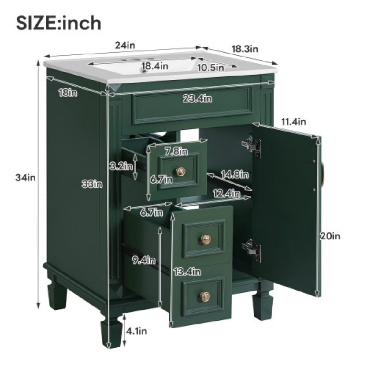 24" Bathroom Vanity with Ceramic Sink, Small Bathroom Vanity Cabinet with 2 Drawers, Adjustable Shelf, Soft-Close Door, Green