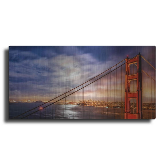 Luxe Metal Art 'N. Tower Panorama - GG Bridge' by John Gavrilis, Metal Wall Art, 24"x12"