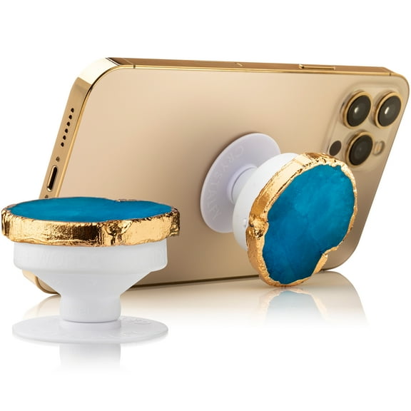 CRYSTALFY: Crystal Phone Grip & Phone Stand with Authentic Natural Blue Druzy Quartz Gemstone with Gold Edge Swappable Top, Expandable Collapsible Holder for Smartphones and Tablets