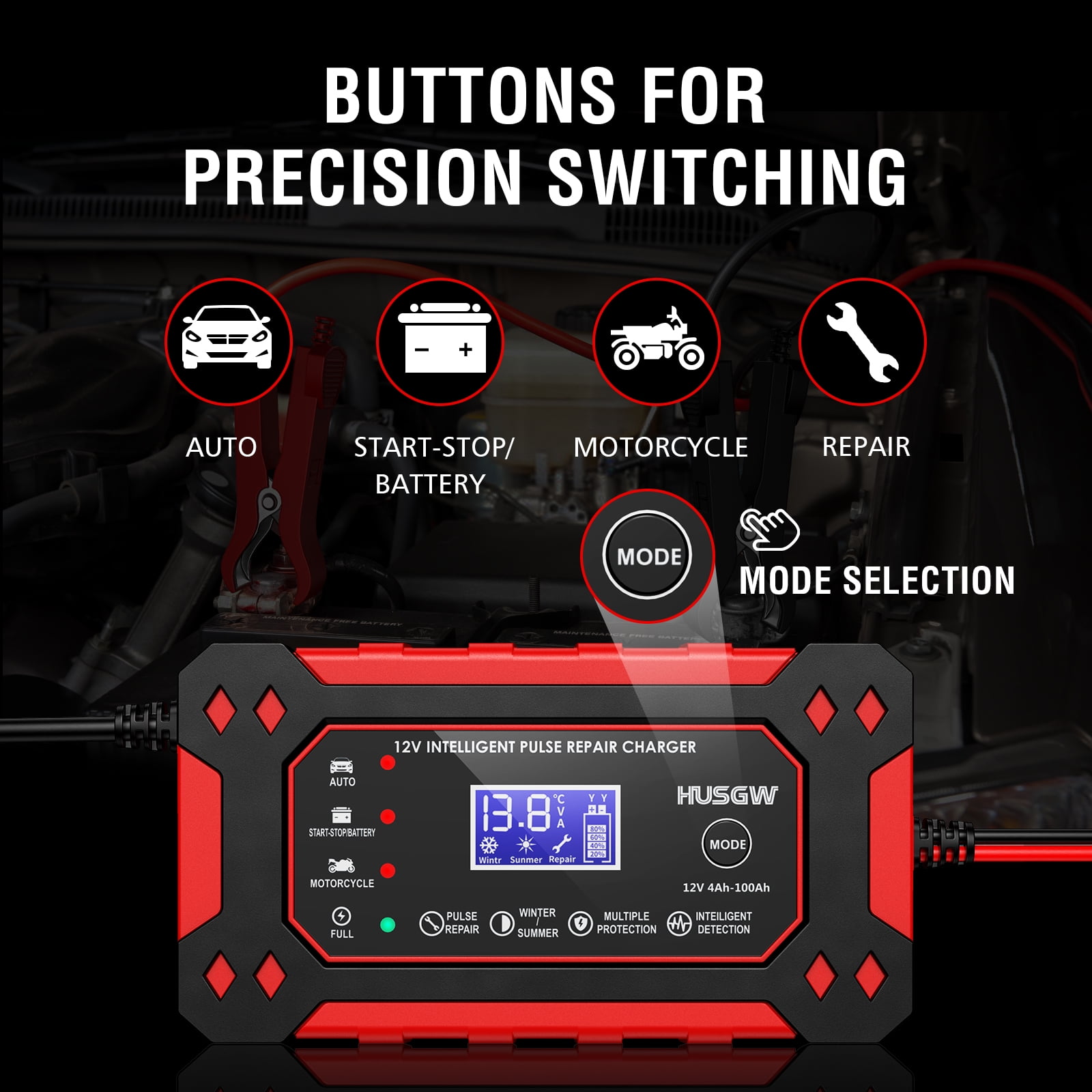 HUSGW 12V6A Car And Motorcycle Battery Charger Lead-Acid Battery Smart Charger Battery Repair Activation Charger