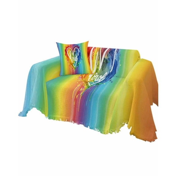 Multicolor Love Sofa Couch Covers for Dog,Washable Sectional Couch Slipcovers for Loveseat with Tassels,Abstract Rainbow Pastel Stripes Art Non Slip Sofa Throw Cover Blanket Large 71''x102''