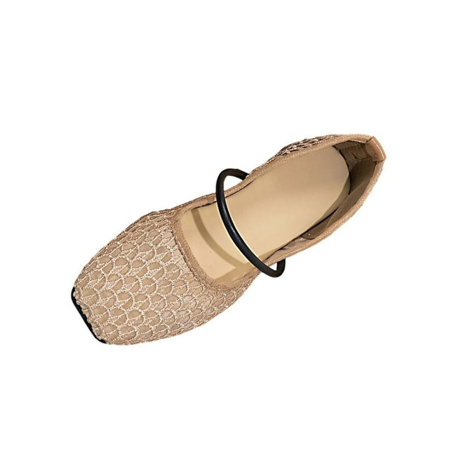 Khaki Ladies Everyday Wear Flat Shoes Neutral Mesh Square Toe Loafers Soft Sole Breathable Upper