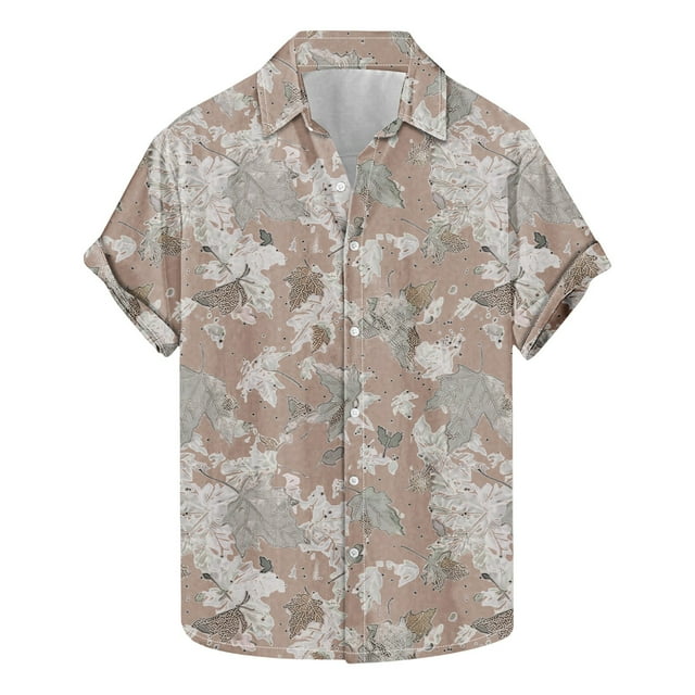 Blusa y camisa de manga corta con cuello vuelto para hombre, camisa informal de moda con estampado de hojas y solapa de manga corta, blusa para hombre
