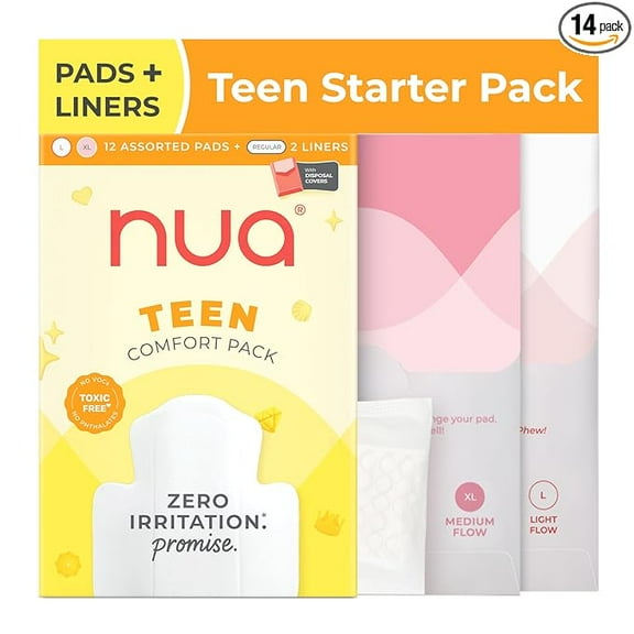 Nua Teen Comfort Sanitary Pads for Teens | Sanitary Pads and Panty Liners | Zero Irritation Promise | 4x Comfort | 100% Toxic-free | Starter Pack for Teens | 14 Count (12 Pads + 2 Liners)