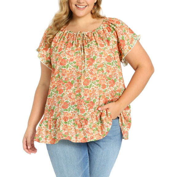 GRACE & GRANDEUR Women's Plus Size Floral Print Tops Gathered Tie Neck Ruffle Sleeve Summer Vacation Blouses 1X Orange