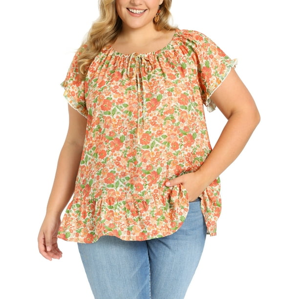 GRACE & GRANDEUR Blusas de Verano de Talla Grande para Mujeres con Estampado Floral, Cuello Atado y Mangas con Volantes 3X Naranja