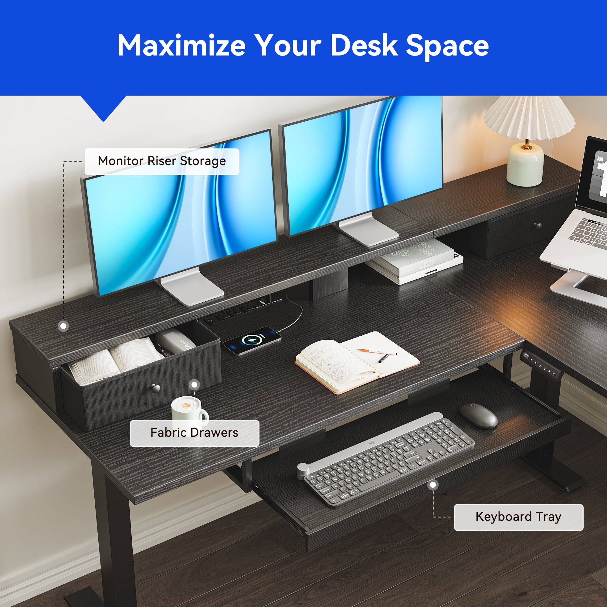 L-Shaped Electric Standing Desk, Height Adjustable Corner Desk with Drawers, Computer Desk with Monitor Shelf & Keyboard Tray, 3 Power Outlets & 2 USB Ports, Black