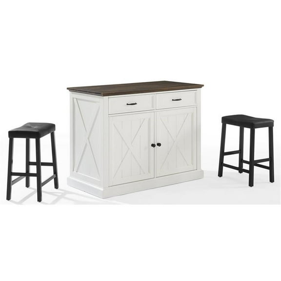 Pemberly Row Modern Wood Kitchen Island with Saddle Stools in White