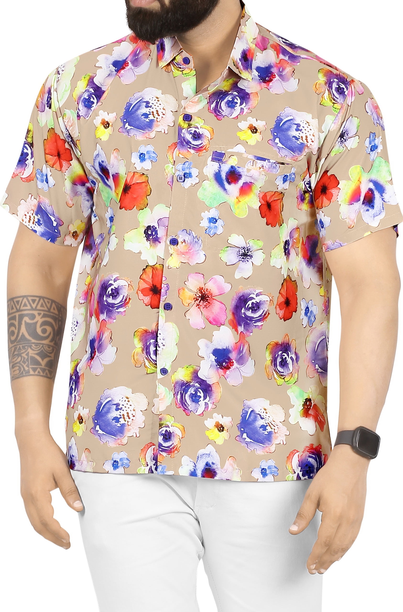 EELa Mens Short Sleeve Printed Floral Flower Casual Button Down Shirt Summer Hawaiian M 