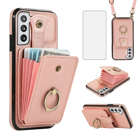 Compatible with Samsung Galaxy S22 Plus S22  5G Wallet Phone Case Screen Protector Ring Crossbody Strap Stand Credit Card Holder RFID Cell Cover for S22 5G S22plus 22S   22 22  Women Girls Rose Gold