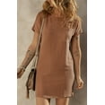 thumbnail image 5 of DOKOTOO Casual Dresses for Women Summer Round Neck T Shirt Mini Dresses Short Sleeve Ribbed Tshirt Dress Fashion Pocket Relaxed Fit T-shirt Beach Dresses Brown Size M US8-10, 5 of 9