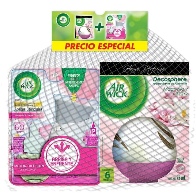 Difusor eléctrico Air Wick y repuesto magnolia cherry 21 ml + aromatizante ambiente decosphere magnolia y cherry 75 ml